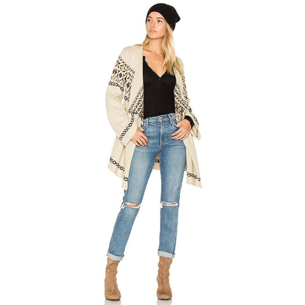 Chaser Draped Open Front Casual Boho Tan Geometric Lightweight Cozy Cardigan